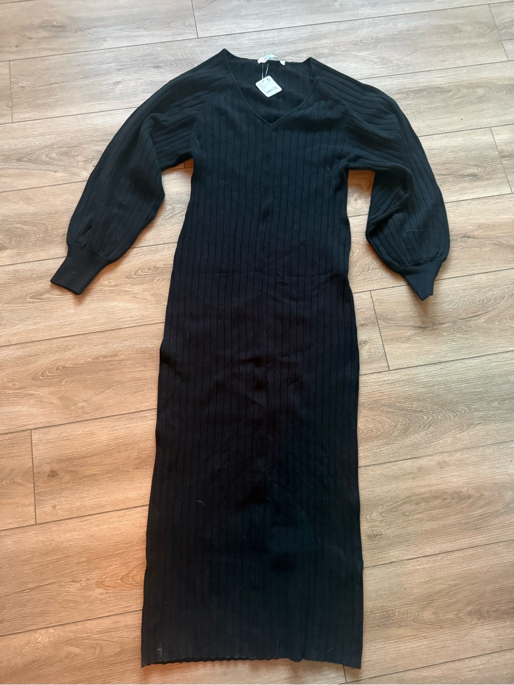 Free People Black Ribbed V-Neck Long Sleeve Knit Dress